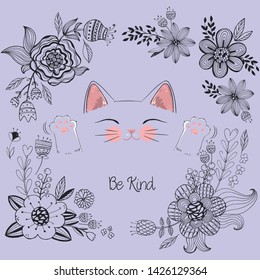 Vector illustration of a cute cat with a hand drawn flower frame, a handwritten lettering