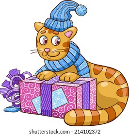 Vector illustration with cute cat  in hat. 