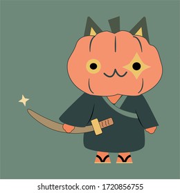 Vektorgrafik einer süßen Katze haben einen Kürbiskopf und tragen einen Yukata oder Kimono für Samurai Cosplay - Cartoon Maskottchen Charakter einer Katze.