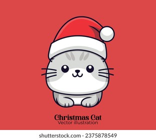 Vector illustration of a cute cat head with Santa hat, a Christmas cartoon character for Happy winter holiday