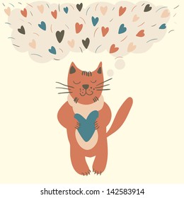 Vector illustration of cute cat with heart in hands