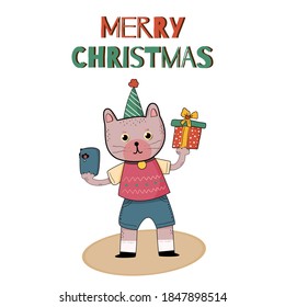 Vector Illustration Of A Cute Cat Hold Mobile Phone And Gift On Hands. Online Party And Celebration, Merry Christmas And Happy New Year.  Virtual Parties Through Video Chat.