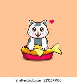 Vector illustration of cute cat holding fish in basket.