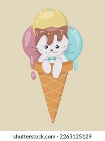 Vector illustration. Cute cat and ice cream. Summer treats.