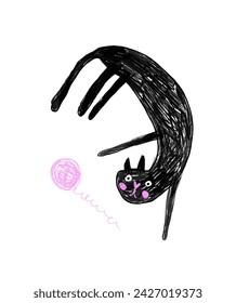 Vector Illustration of a Cute Cat. Infantile Style Hand Drawn Black Cat Playing with a Ball of Wool. Childish Drawing-like Print of Black Kitty Isolated on a White Background. Nursery Art. RGB.