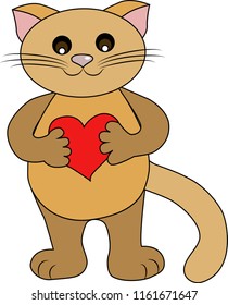 Vector illustration of a cute cat isolated on white background. The character of a funny animal is holding a red heart in its paws. Design for children's poster, card, mug, bag, clothes, gift, toys.