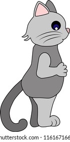 Vector illustration of a cute cat isolated on white background. The character of a small animal is standing and scratching his belly. Design for children's poster, cards, mugs, bags, clothes.