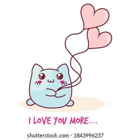 Vector illustration cute cat (kawaii animal) with balloon heart. Sweet pastel color.