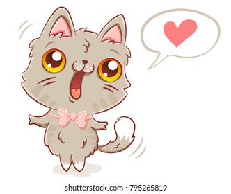 Vector illustration of a cute cat in kawaii style. Cute kitty and bubble with heart.