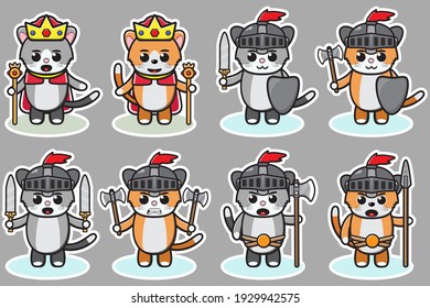 Vector illustration of cute Cat King and knight cartoon set. Cat king and knight set. Good for icon, logo, label, sticker, clipart.