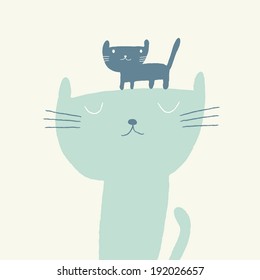 Vector illustration of a cute cat and a kitten for fathers day