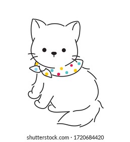 Vector Illustration Cute Cat Kitty. Line Colorless Black and White Contour Sketch for Print, Tattoo, T-Shirt, Patternm Poster. 