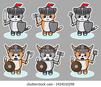 Vector illustration of cute Cat Knight cartoon. Cute Cat expression character design bundle. Good for icon, logo, label, sticker, clipart.