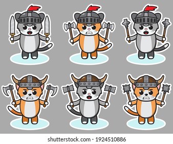 Vektorgrafik des süßen Cat Knight Cartoons mit zwei Waffen. Cute-Cat-Expression-Zeichendesign-Paket. Gut für Ikone, Logo, Label, Aufkleber, Clipkunst.