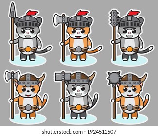 Ilustración vectorial de la tierna caricatura de Cat Knight con un arma grande. Conjunto de diseño de caracteres de expresión de Cat. Es bueno para el icono, logotipo, etiqueta, pegatina, clipart.