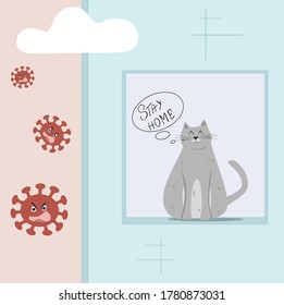 Vector illustration of a cute cat, with lettering quote. Stay at home. Motivational poster. Flat design. Quarantine and stay at home concept.