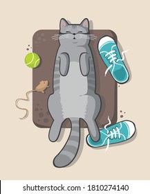 Vector illustration of a cute cat lying on the floor with sneakers