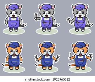 Vector illustration of cute Cat Mechanic. Cute Cat expression character design bundle. Good for icon, logo, label, sticker, clipart.