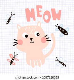 vector illustration of a cute cat, meow hand lettering text and butterflies
