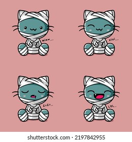 vector illustration of cute cat mummy emoji