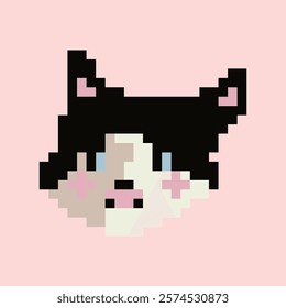 Vector illustration with a cute cat muzzle on a light background. Pixel art postcard, print, design element