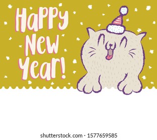 Vector illustration of a cute cat for New year. Cat in Santa hat and snowflakes.