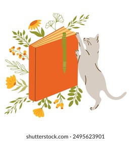 Vector illustration of a cute cat next to a book, leaves and flowers. Smart cat animal design in flat line style. Back to school. Flat illustration.