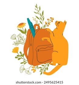 Vector illustration of a cute cat next to a backpack, leaves and flowers. Smart cat animal design in flat line style. Back to school. Flat illustration.