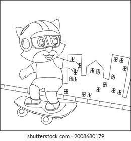 Vector illustration of cute cat on skate board. Cartoon isolated vector illustration, Creative vector Childish design for kids activity colouring book or page.