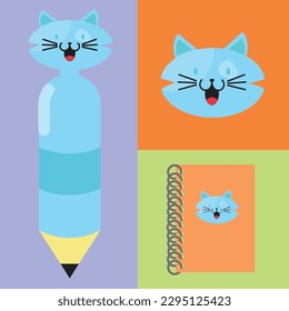 ilustración vectorial de gato lindo en pluma y bloc de notas
