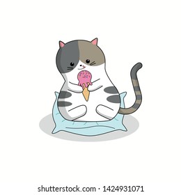 Vector illustration. Cute cat with pink ice cream. Cat sits on a blue pillow. White background. 