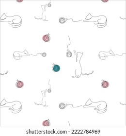Vector illustration of cute cat playing ball rope. Seamless background in line design style. Decorative paper cover fabric texture interior gift wrap packaging. Trendy print black white line red blue