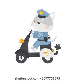 Vector illustration of cute cat policeman riding on police moped on white background. Motorcycle. Professions for children. Cute cartoon animals police character. Professions for children. Emergency.