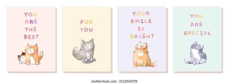 Vector Illustration of Cute Cat Postcard Set Design