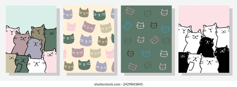 Vector Illustration of Cute Cat Postcard Set