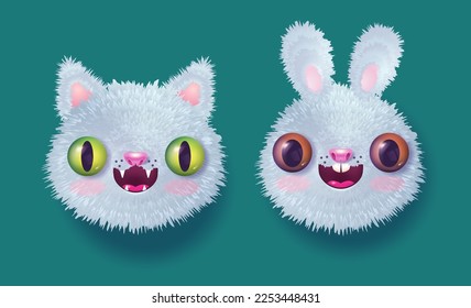 Vector illustration of a cute cat and a rabbit for new year in realistic style. Vector icons of kawaii rabbit and cat heads for 2023 year. Bunny and kitty emoji for Chinese new year.