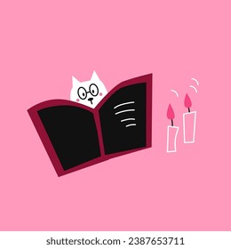 Vector illustration with cute cat reading spell book. Halloween design element.