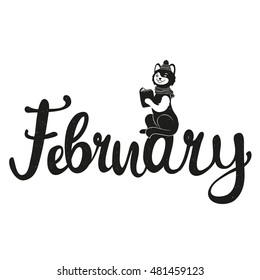 Vector illustration with cute cat reading book and lettering word - February. Winter typography poster with vintage texture and animal
