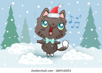 Vector illustration of a cute cat in Santa hat for Christmas and New year. Kitty on snow in kawaii style