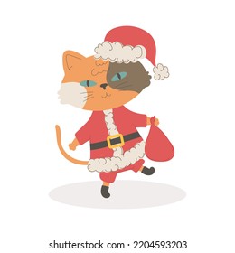 Ilustración vectorial de un lindo gato con traje de santa claus y una bolsa con regalos. Concepto para Navidad y Año Nuevo.