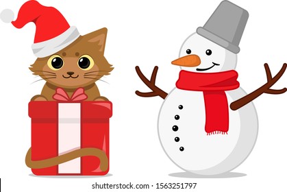 Vector illustration with cute cat in Santa's hat and snowman; cute Christmas characters for greeting card, gift box, scenery, web design.