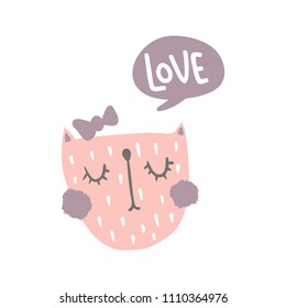 vector illustration, cute cat in scandinavian style and love hand lettering text