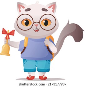 A vector illustration of a cute cat at school. A sticker or a card for the beginning of school days. 
