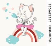 Vector illustration of a cute cat sitting on a rainbow and blowing soap bubbles.
