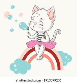 Vector illustration of a cute cat sitting on a rainbow and blowing soap bubbles.