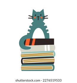 Vector illustration of cute cat sitting on books.
