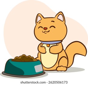 Vector Illustration of Cute Cat Sitting Next to a Bowl of Food