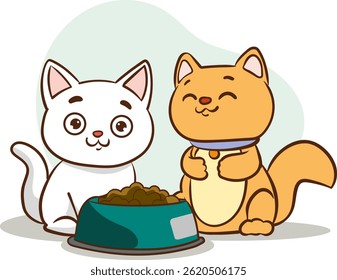 Vector Illustration of Cute Cat Sitting Next to a Bowl of Food