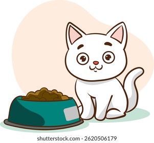Vector Illustration of Cute Cat Sitting Next to a Bowl of Food