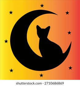 Ilustración vectorial, lindo gato sentado en la luna, luna creciente, estrellas de fondo simple